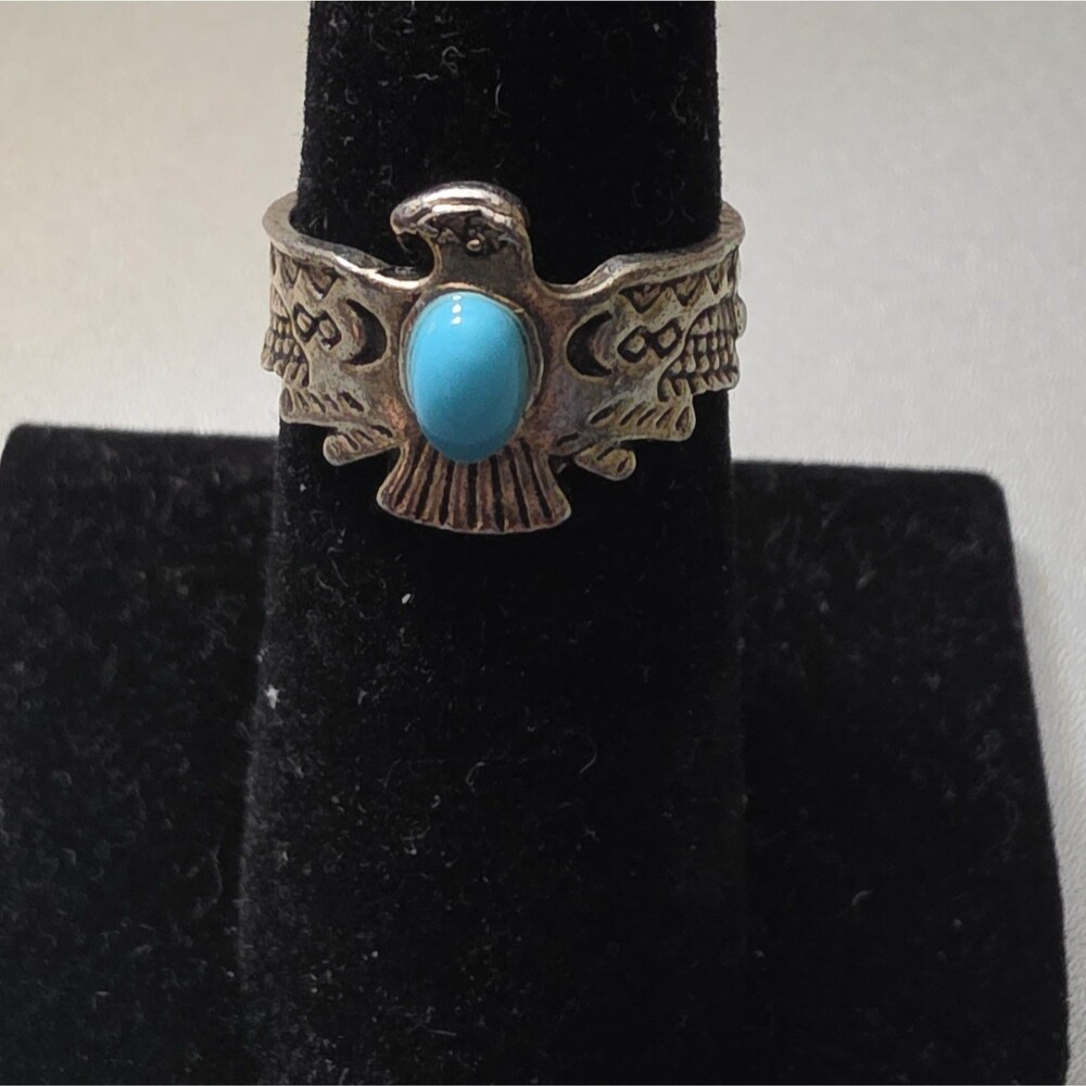 Silver Tone Eagle Thunderbird Ring Size 6 Oval Blue Faux Turquoise Bezel Set